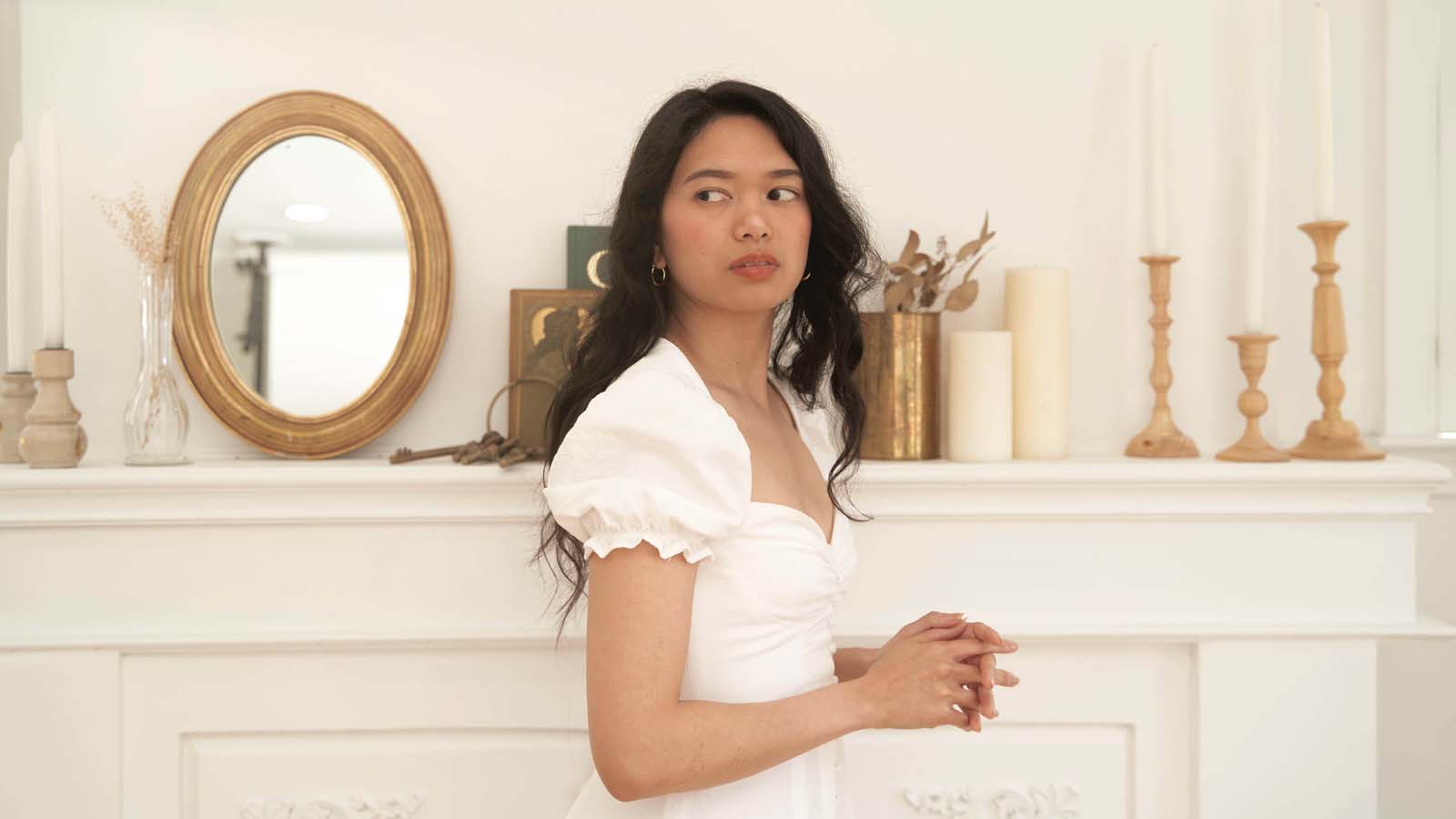 Woman white dress elegant lifestyle portrait NYC